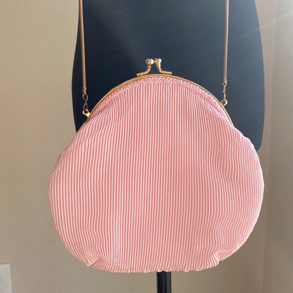 Pink Striped Round Shoulder Bag with Gold Frame
